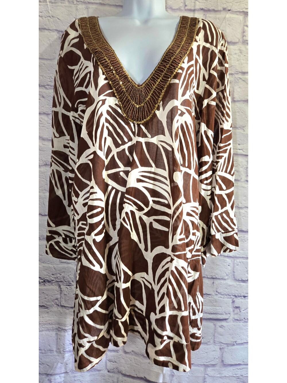 Hermanny By Vix Brown Tan Beaded Bodice Island Print Swim Cover Up L NWTS